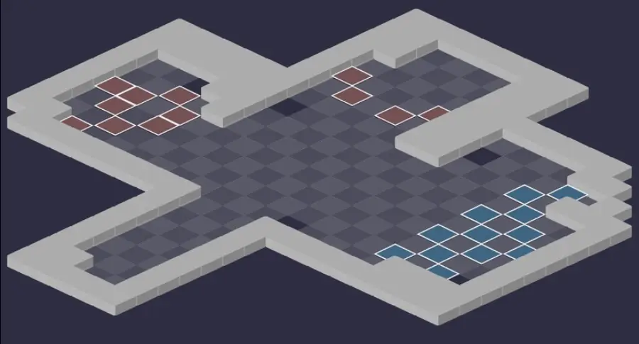 Centre du Labyrinthe du Minotoror : vue tactique de la salle 1, cases de départ en bleu et en rouge