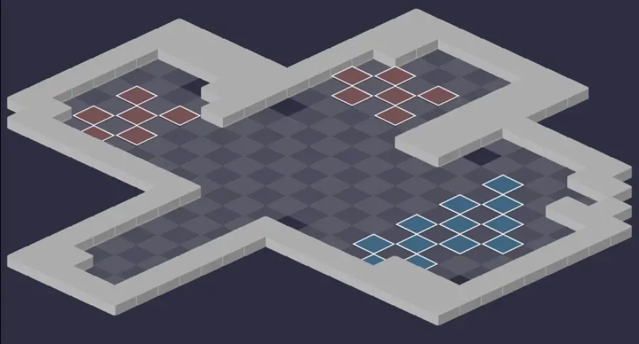 Centre du Labyrinthe du Minotoror : vue tactique de la salle 2, cases de départ en bleu et en rouge