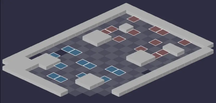 Château du Wa Wabbit : vue tactique de la salle 5, cases de départ en bleu et en rouge
