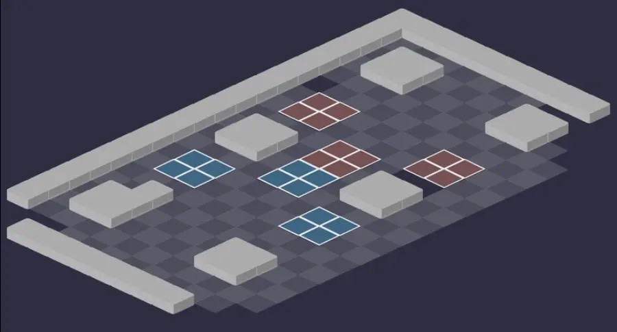 Château du Wa Wabbit : vue tactique de la salle 1, cases de départ en bleu et en rouge