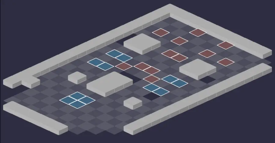 Château du Wa Wabbit : vue tactique de la salle 2, cases de départ en bleu et en rouge
