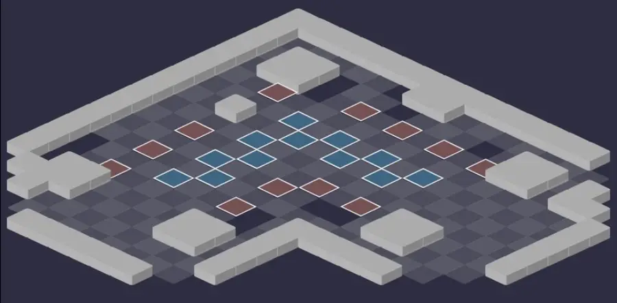 Château du Wa Wabbit : vue tactique de la salle 3, cases de départ en bleu et en rouge