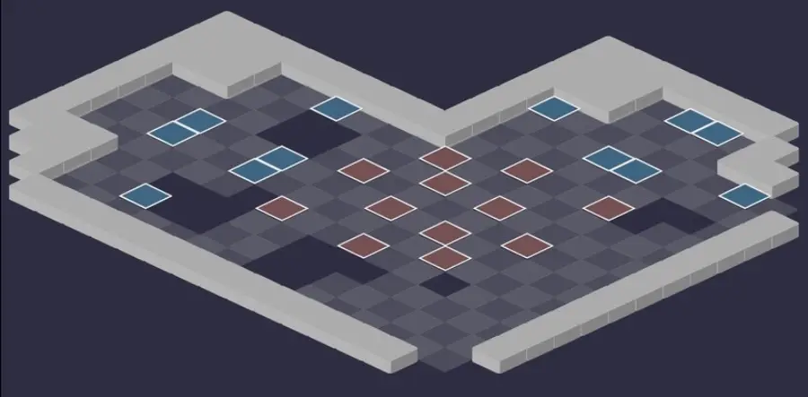 Château du Wa Wabbit : vue tactique de la salle 4, cases de départ en bleu et en rouge