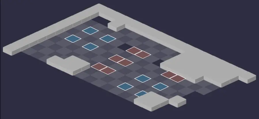 Donjon de Nowel : vue tactique de la salle 1, cases de départ en bleu et en rouge