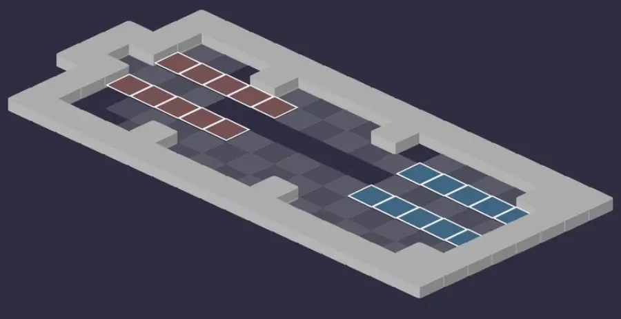 Donjon des Forgerons : vue tactique de la salle 6, cases de départ en bleu et en rouge