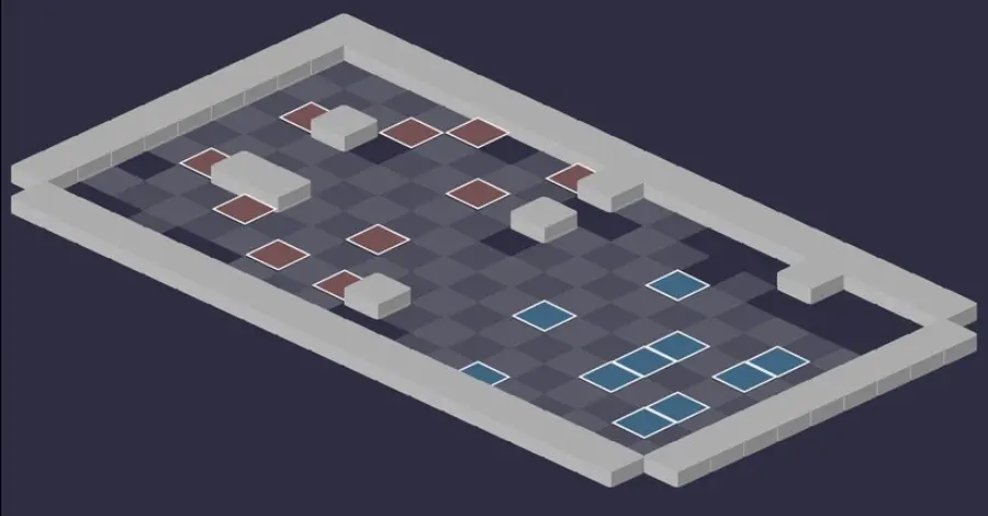 Donjon des Squelettes : vue tactique de la salle 1, cases de départ en bleu et en rouge