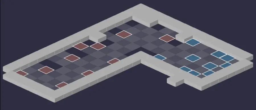 Donjon des Squelettes : vue tactique de la salle 2, cases de départ en bleu et en rouge