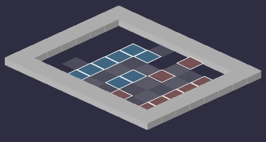 Donjon des Squelettes : vue tactique de la salle 3, cases de départ en bleu et en rouge