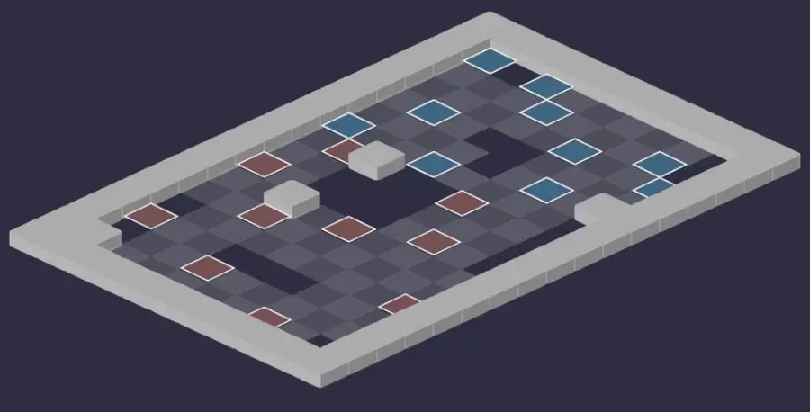 Donjon des Squelettes : vue tactique de la salle 4, cases de départ en bleu et en rouge