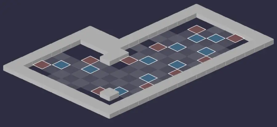 Donjon des Squelettes : vue tactique de la salle 5, cases de départ en bleu et en rouge
