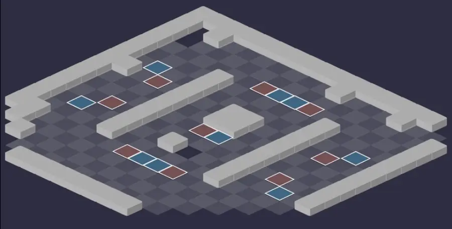 Grotte de Kanigroula : vue tactique de la salle 3, cases de départ en bleu et en rouge