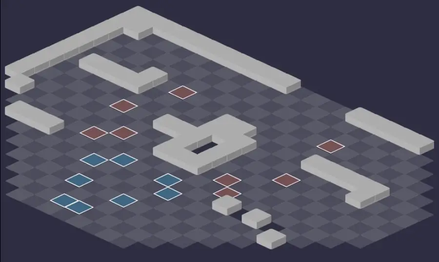 Tombe du Shogun Tofugawa : vue tactique de la salle 2, cases de départ en bleu et en rouge