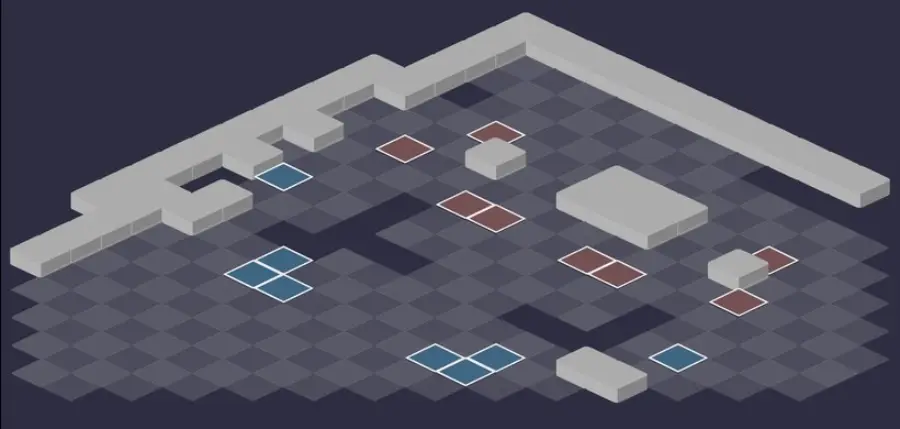 Tombe du Shogun Tofugawa : vue tactique de la salle 5, cases de départ en bleu et en rouge